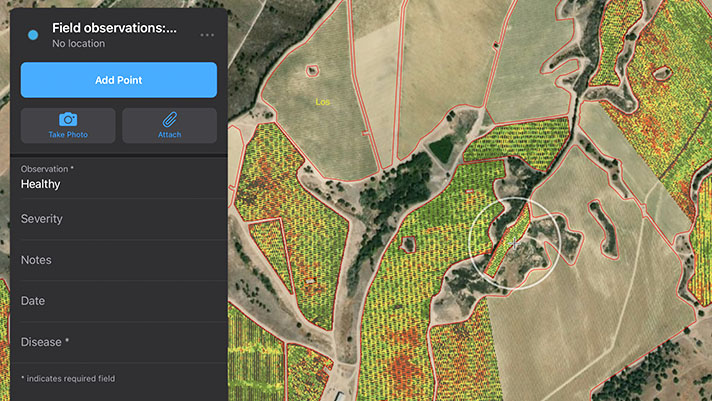 A screenshot of an app with a digital view of fields on the right and a simple dashboard on the left to enter information or a photo