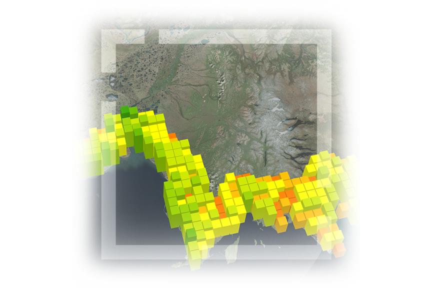 Map of country with coastal data represented by shades of green, yellow, and red pixels with a white translucent square 