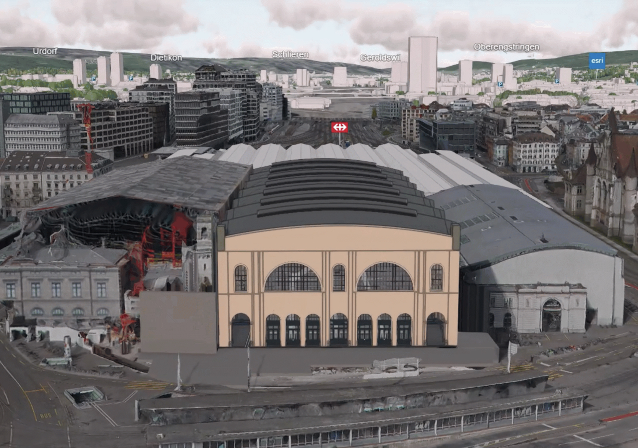 3D view of buildings modeled for construction with labeled names, including Esri and Urdorf, in the distance