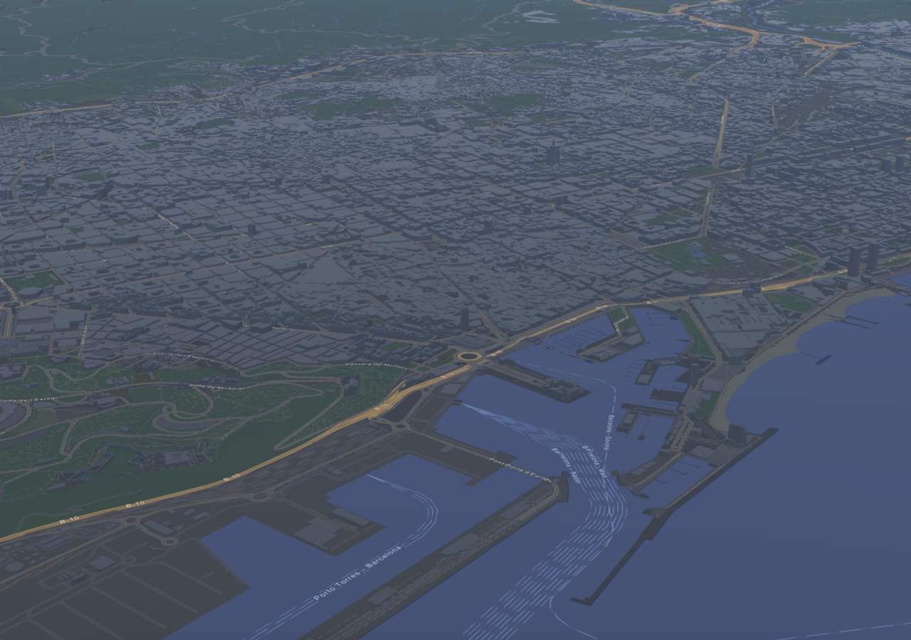 Aerial view of a large city by the water, with 3D blue-gray buildings, tan major highways, and green spaces across the city