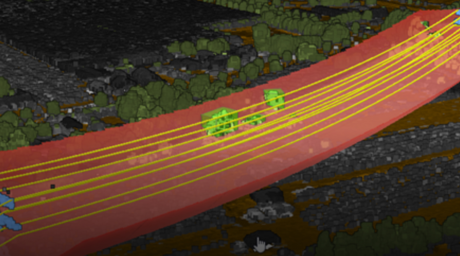 Lidar 3D image showing gray buildings, green trees and powerlines in yellow
