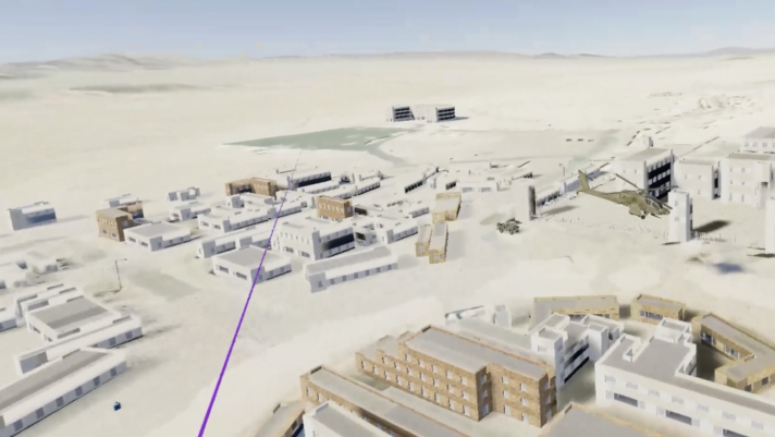 Virtual representation of a base in the desert with 3D gray and beige buildings, a helicopter, and a purple line ,Virtual representation of a base in the desert with 3D gray and beige buildings, a helicopter, and a purple line 
