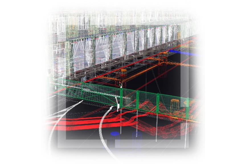 3D building mockup with routes highlighted in red, blue, and green with an overlayed translucent white square logo 