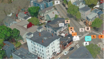Aerial view of a 3D visualization of a neighborhood in Cambridge with buildings, roads, and public signage