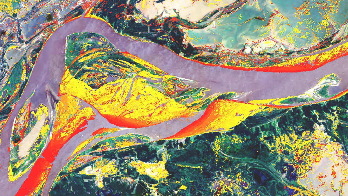 An image from Landsat shows changing morphology in a section of the Amazon River from 1984 to 2021.,An image from Landsat shows changing morphology in a section of the Amazon River from 1984 to 2021.