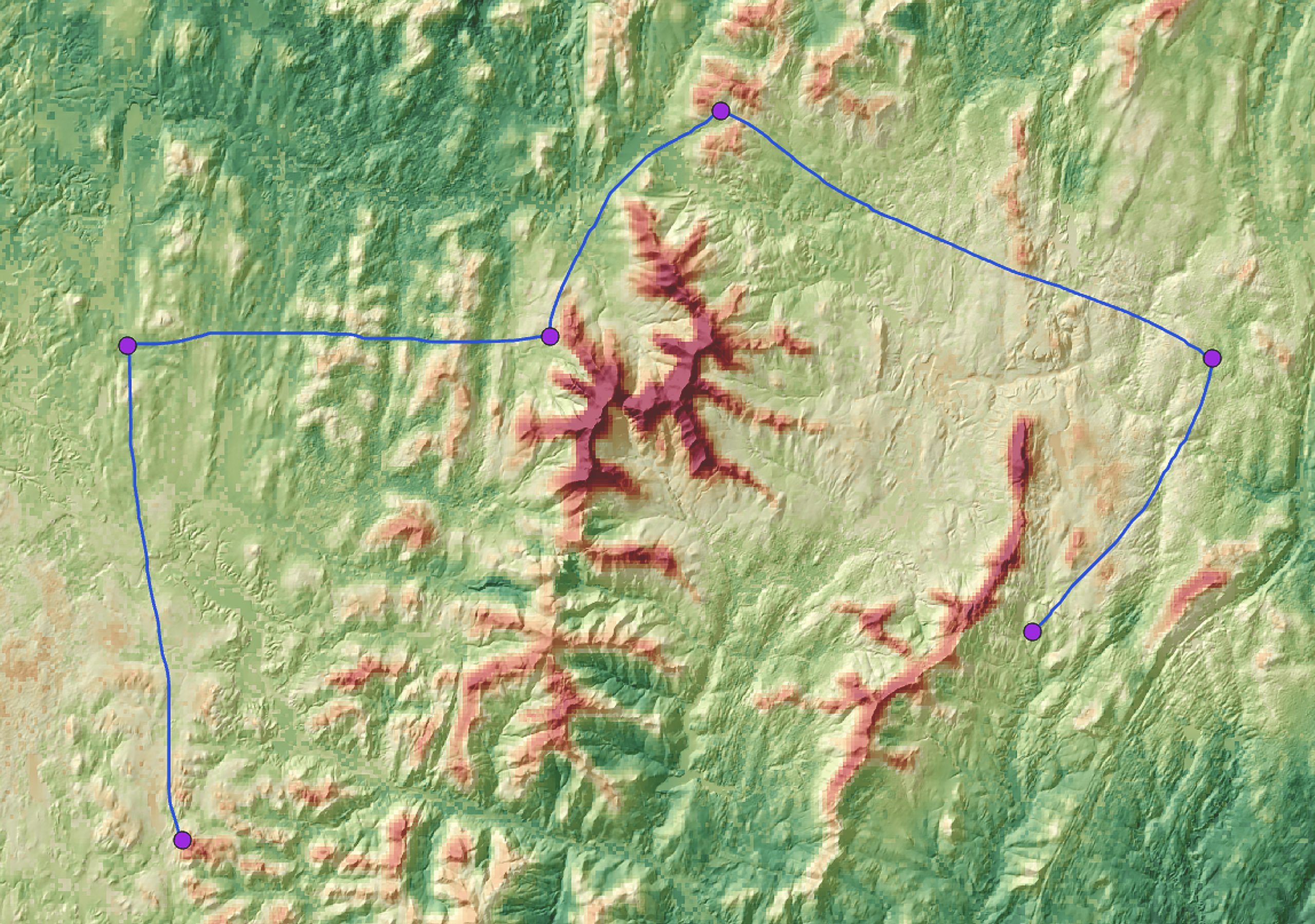 A 3D map with green, yellow, and red shading shows six purple dots marking areas of interest, all connected by a blue line