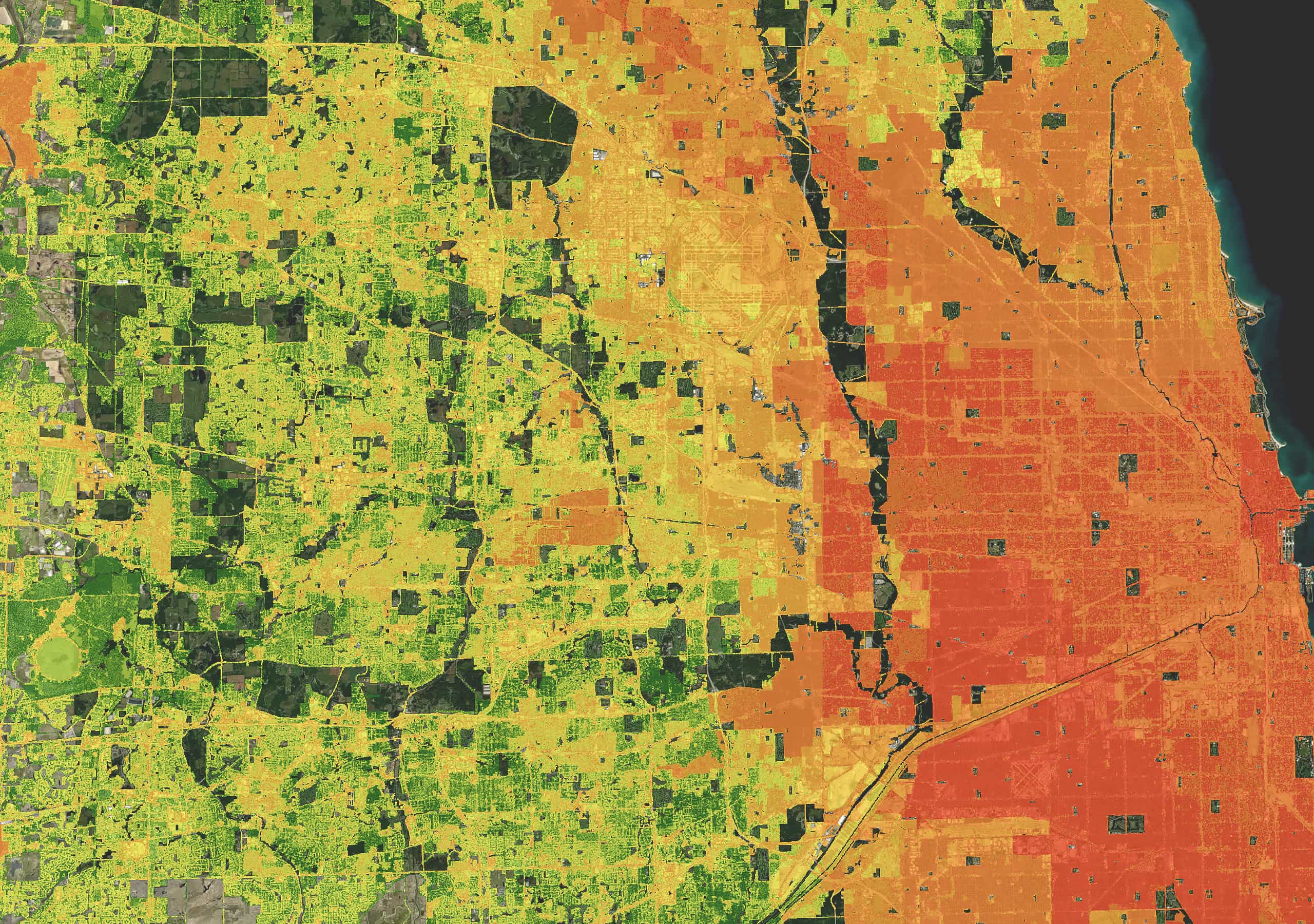 A map of a coastal city shows red hot spots downtown, fading to orange, yellow, and green in nearby suburbs and rural areas