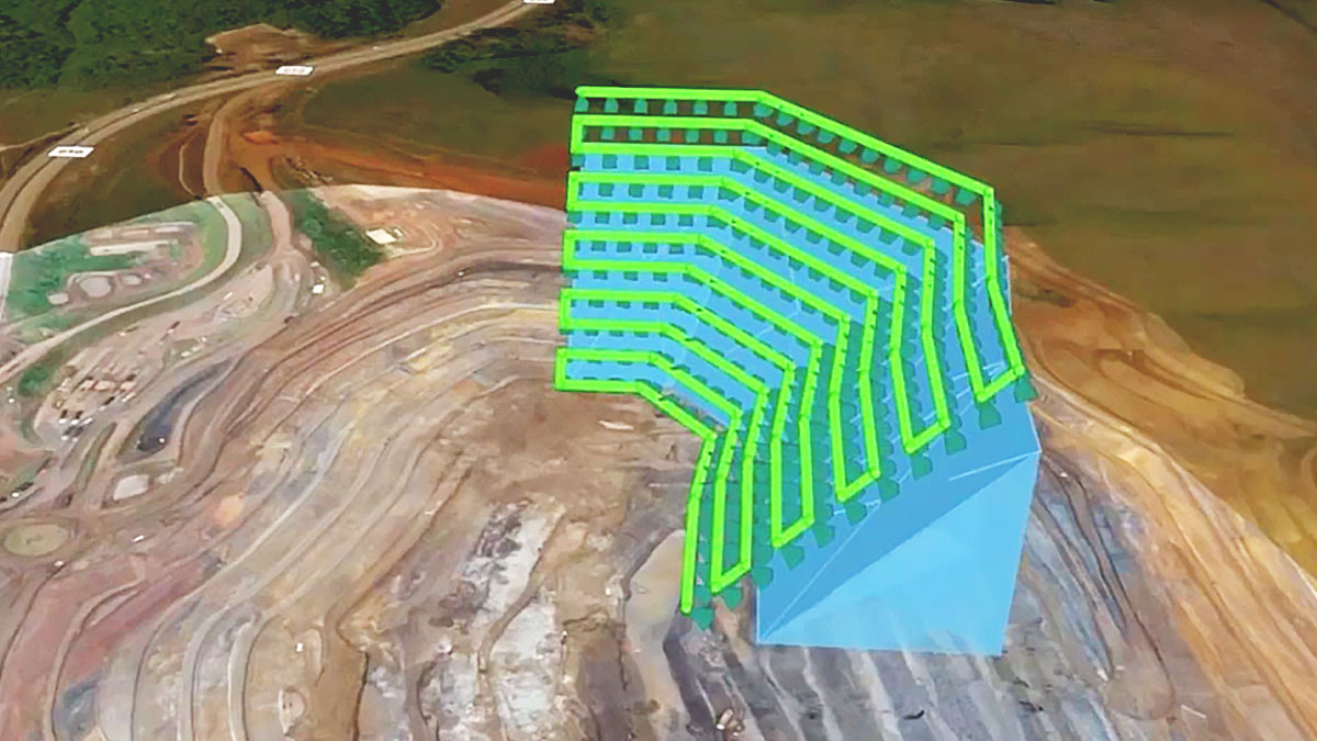 A map of a mining site shows a 3D drone flight path that captures images from different elevations,A map of a mining site shows a 3D drone flight path that captures images from different elevations