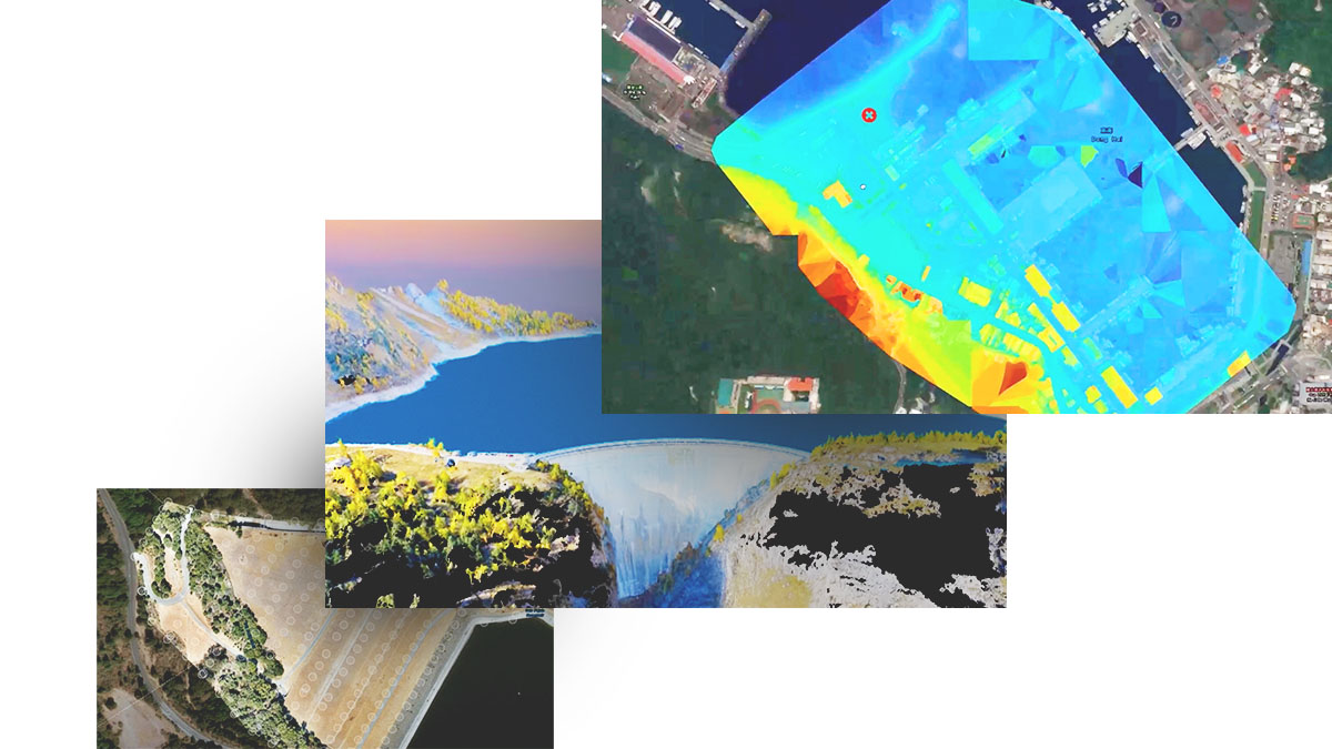 Three panels show drone images of waterfront landscapes, each with a different coloring style and data layers,Three panels show drone images of waterfront landscapes, each with a different coloring style and data layers