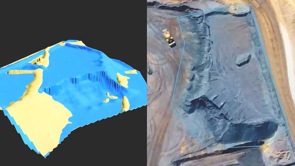A digital 3D model of a mining site next to the same model overlaid with high-resolution drone imagery,A digital 3D model of a mining site next to the same model overlaid with high-resolution drone imagery