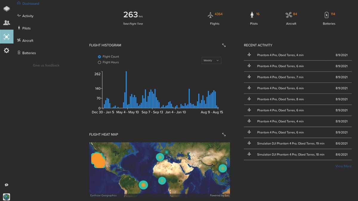 Three dashboards show information about a drone fleet including recent flight activity, flight locations, and hardware types,Three dashboards show information about a drone fleet including recent flight activity, flight locations, and hardware types