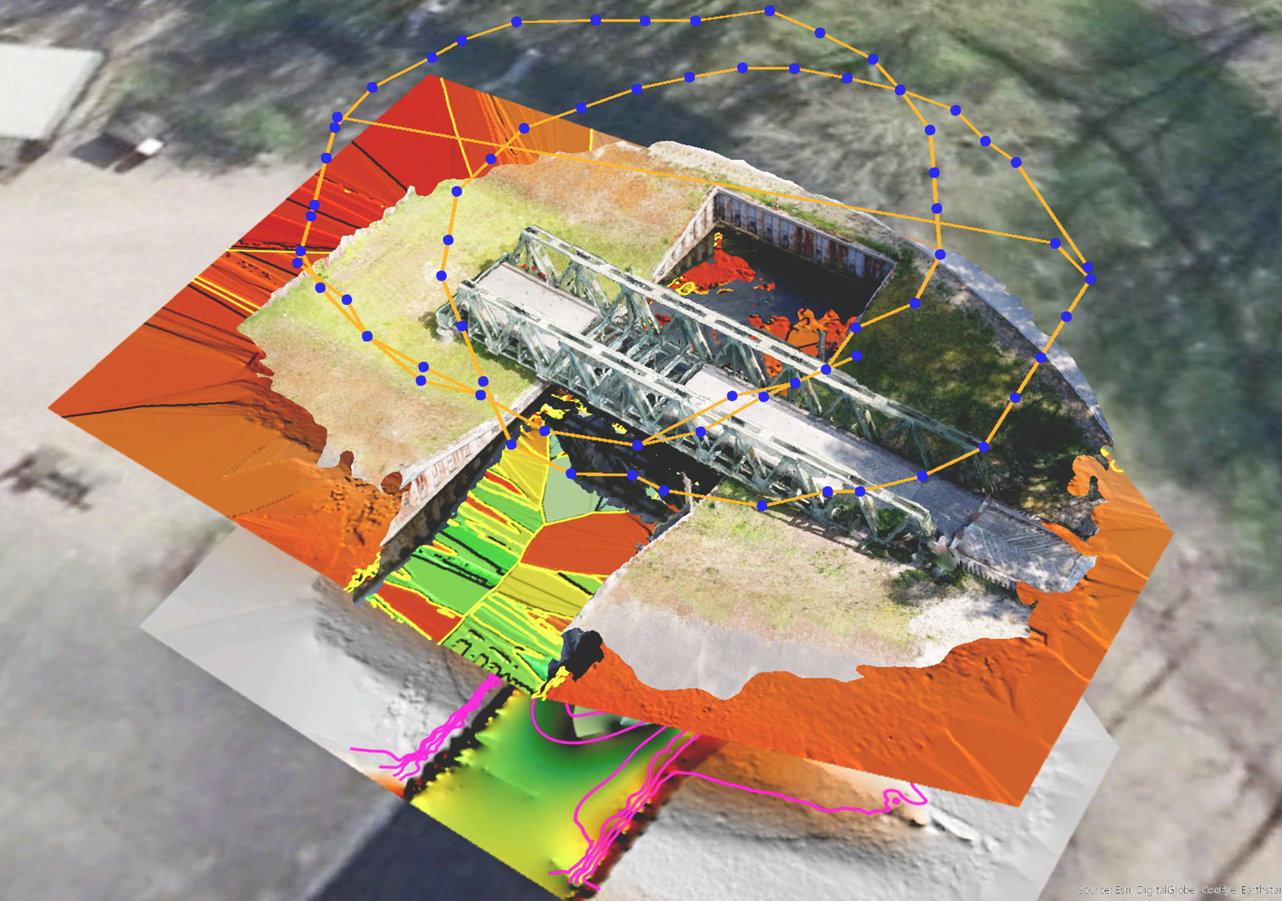 A drone image shows a bridge over a narrow waterway with red, orange, yellow, and green patches indicating relevant data