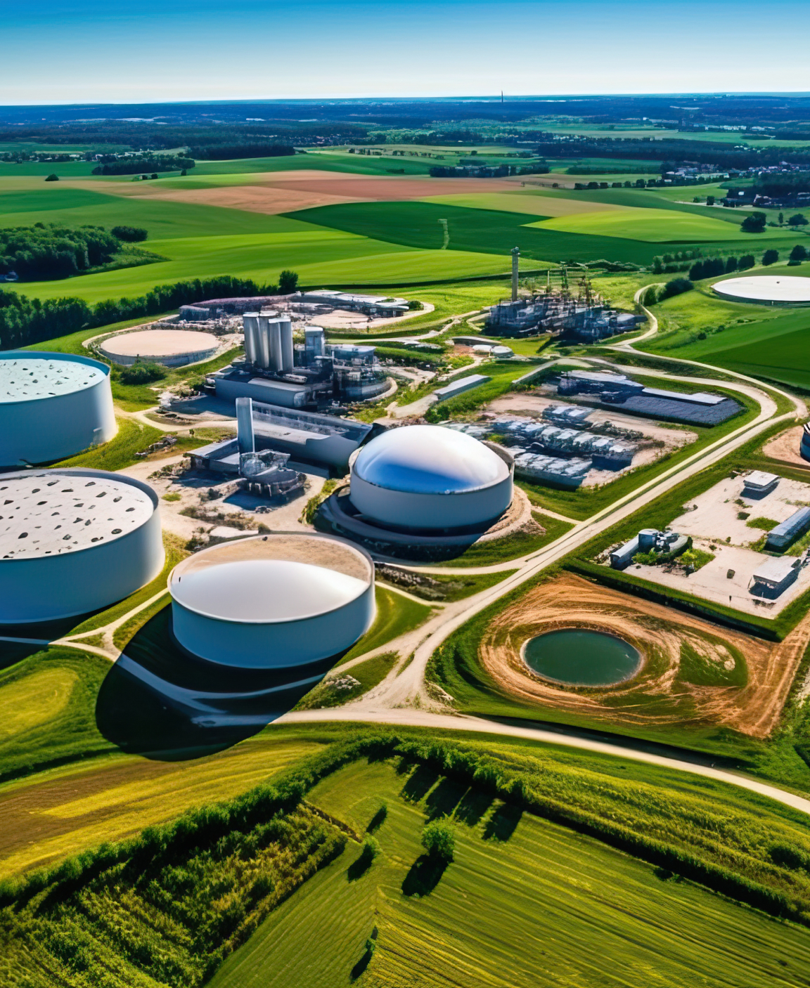 Luchtfoto van een industriële faciliteit gelegen in een uitgestrekt groen veld