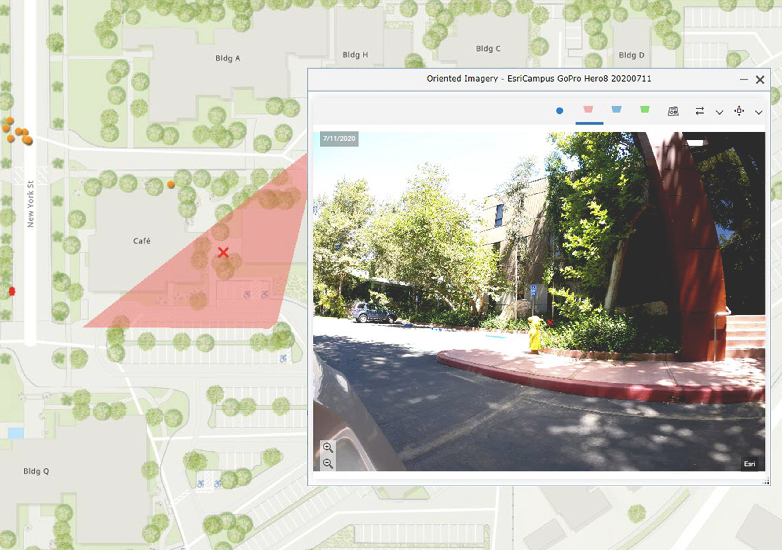 Op een digitale kaart van een bedrijfscampus is een locatie gemarkeerd met een rode x, en een overlay-afbeelding toont die locatie op straatniveau