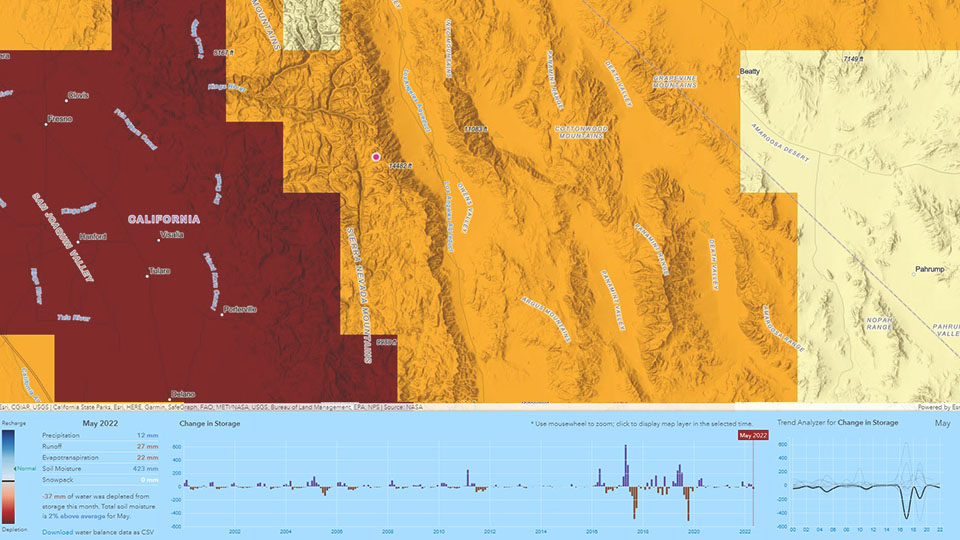 A map of the Sierra Nevada mountain range in California shows the change in water storage over time