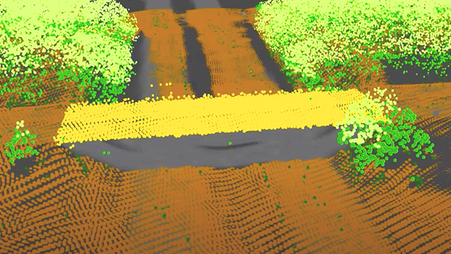 A point cloud with orange, green, and yellow points depicts bushes along a pathway in 3D. ,A point cloud with orange, green, and yellow points depicts bushes along a pathway in 3D. 