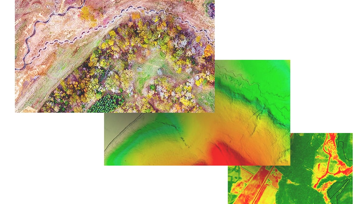 A satellite image shows plots of land along a river with square and circular fields highlighted in blue, orange, and yellow,A satellite image shows plots of land along a river with square and circular fields highlighted in blue, orange, and yellow