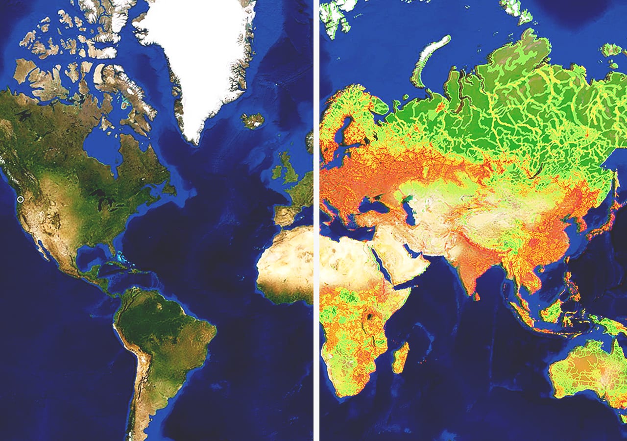 A world map with a slider displaying two different overlays for the eastern and western hemispheres