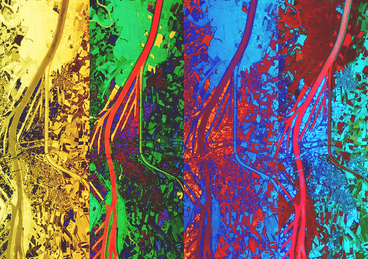 Four panels show an image in different colorways, indicating multiple ways to interpret and visualize remote sensing data