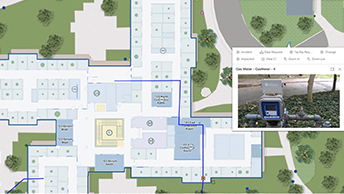 Data collection on an indoor map showing route, picture, asset history, and status for maintenance operations
