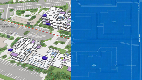 Side-by-side images of a blueprint and GIS image of a white building that has data with green trees and a gray parking lot