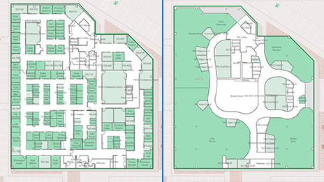 Split screen of two maps with green squares and black text representing floor-aware data
