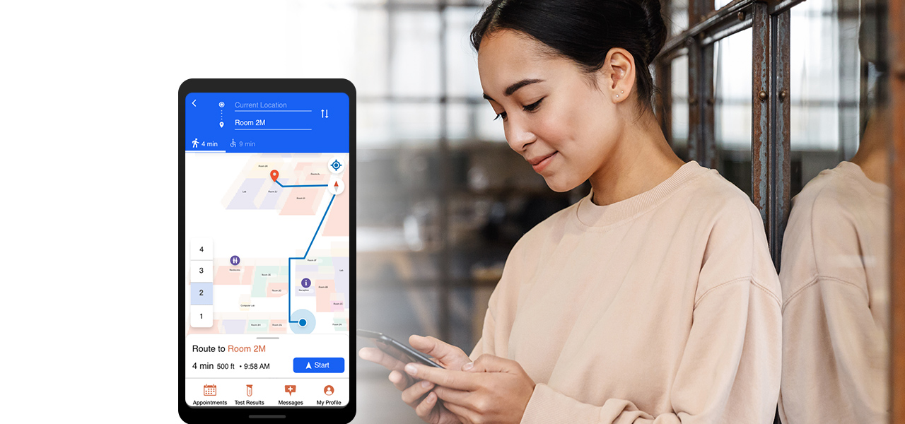 Woman in an office building using a cell phone next to an inset cell phone image showing an indoor map with a route in blue