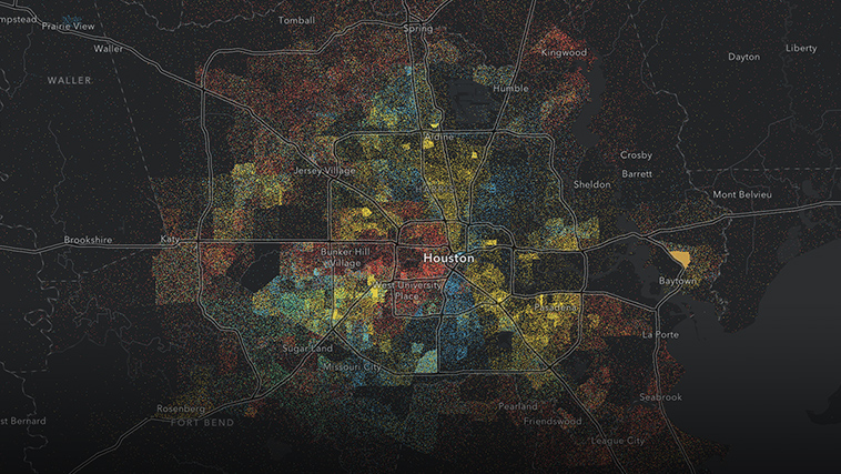 Population by race/ethnicity mapped using 1 dot for every 200 people in various colors