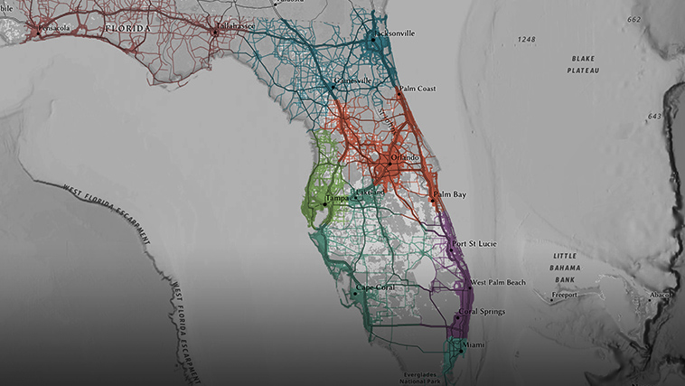 Population Change mapped with up or down purple and green arrows to indicate growth or decline of population