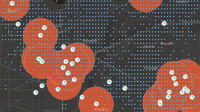 Overlapping red circles and scattered white data points representing a cluster of data tracks showing co-traveling patterns 