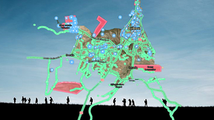 A horizon at dusk with people walking and a bright green map overlayed containing movement tracks and areas of interest