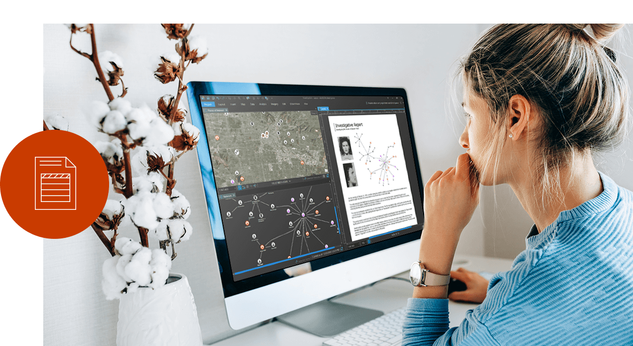 A young woman viewing an investigation report with link analysis and a map on a computer screen,A young woman viewing an investigation report with link analysis and a map on a computer screen