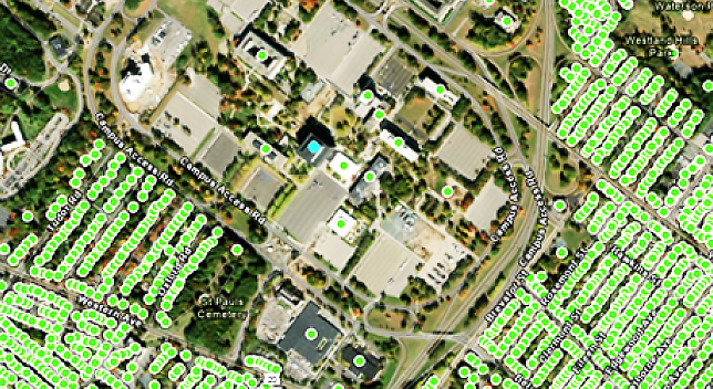Map of a city with points of interest marked by bright green dots