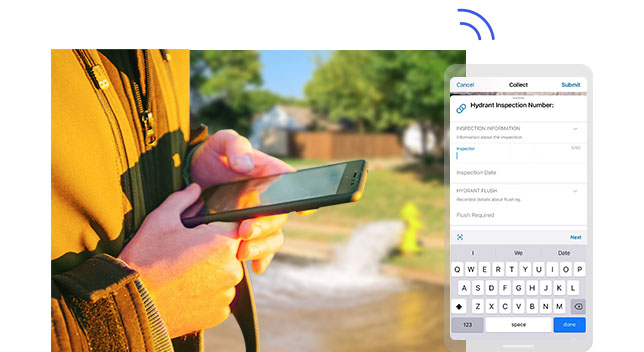 A person holding a mobile phone inputting the location of a fire hydrant that is pouring out water in the background,A person holding a mobile phone inputting the location of a fire hydrant that is pouring out water in the background