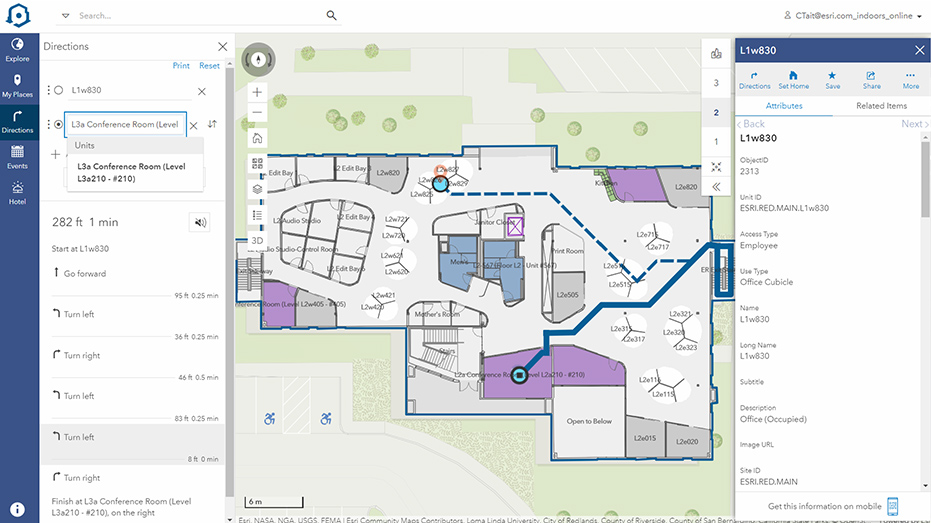2D indoor map of an office building showing offices in gray and a route highlighted in blue with popup windows and text,2D indoor map of an office building showing offices in gray and a route highlighted in blue with popup windows and text
