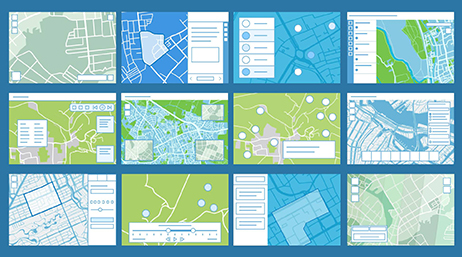 A graphic with a grid of twelve small stylized maps in shades of aqua blue and light green