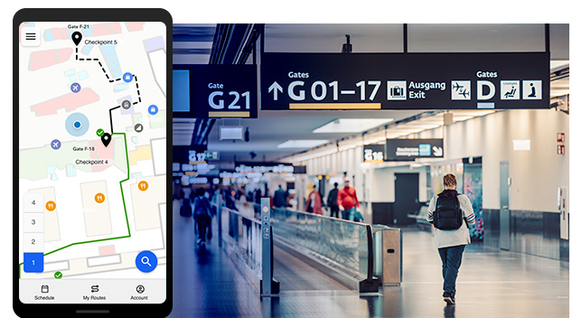 An airport terminal walkway overlaid with a touchscreen phone design showing indoor mapping software