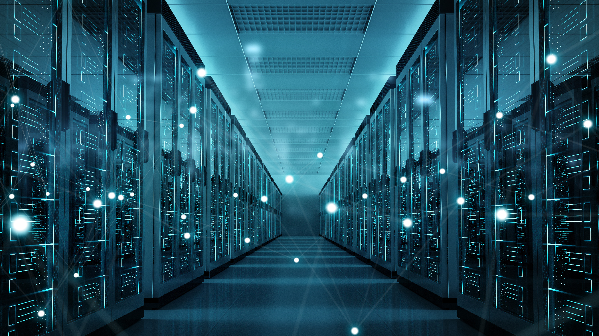  IT server room in shades of blue overlaid with a web of interconnected dots