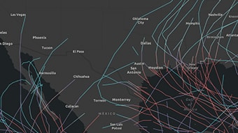 Carte sombre avec plusieurs lignes allant du vert au rouge indiquant la vitesse du vent