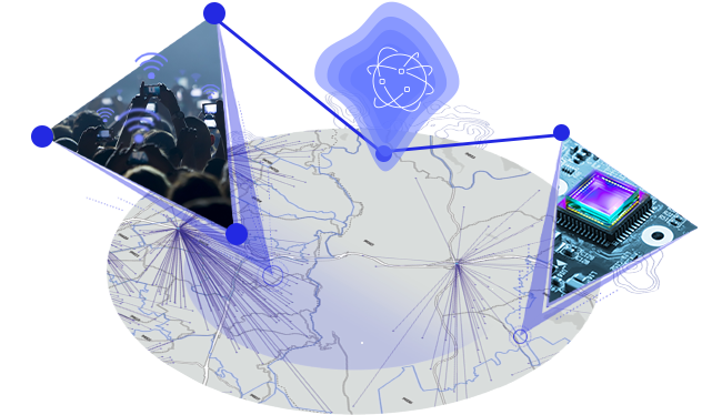 A grey map design enclosed in a flat circle with images and icons of a crowd, computer parts, and a globe connecting above the map