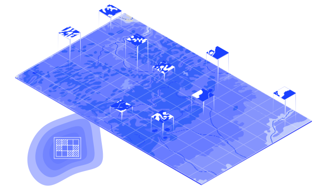 A blue rectangular design of a gridded map with sections of the grid raised above the map