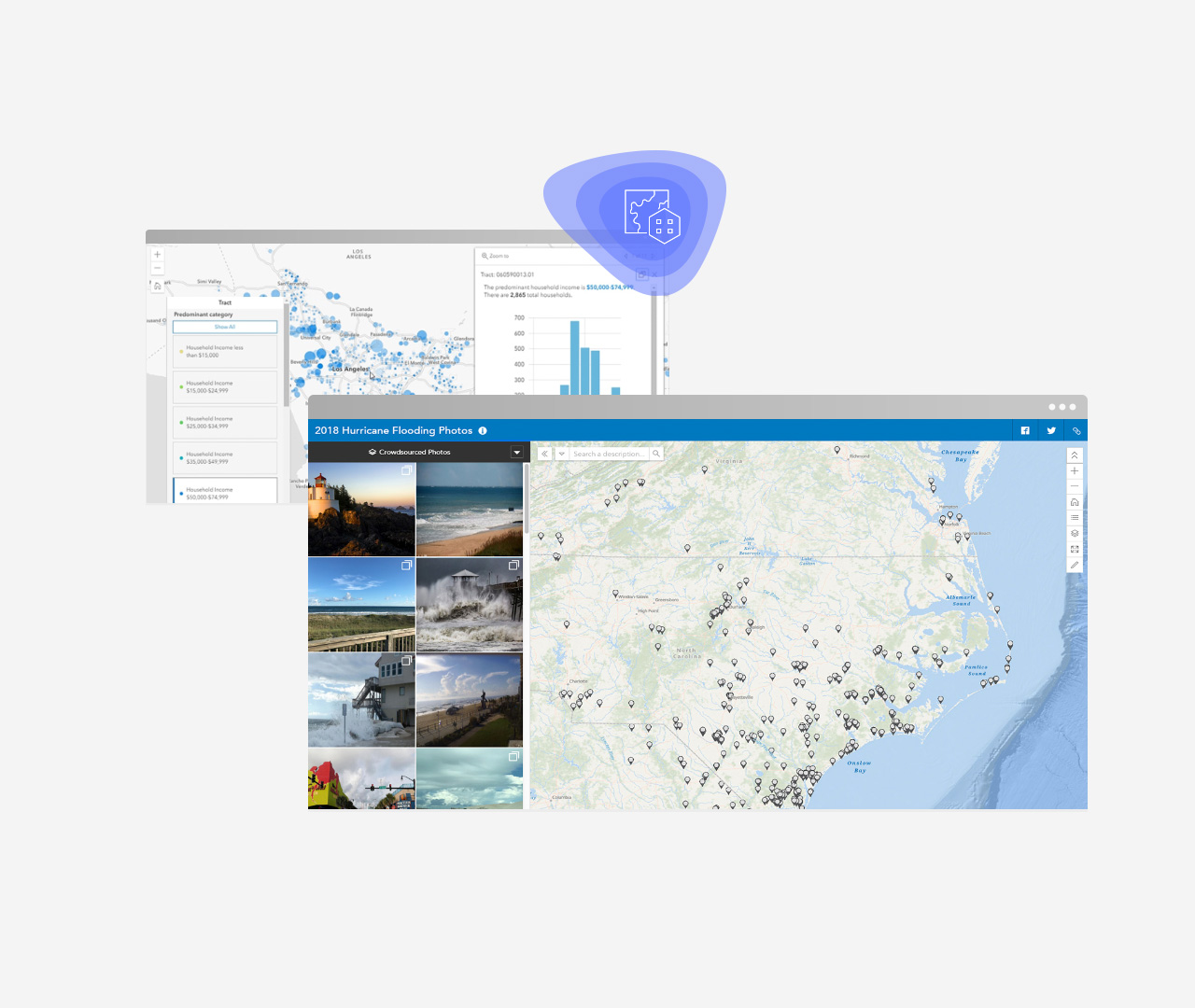 wo images of a map and bar graph and a map with images of a hurricane