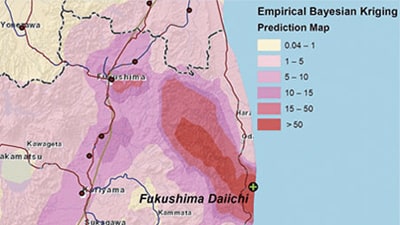Pink prediction map of  land with a legend showing words and numbers