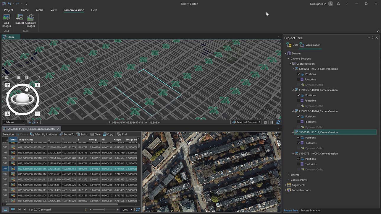 A digital image and an aerial view of buildings with surrounding text on a black background showing refinements being made 