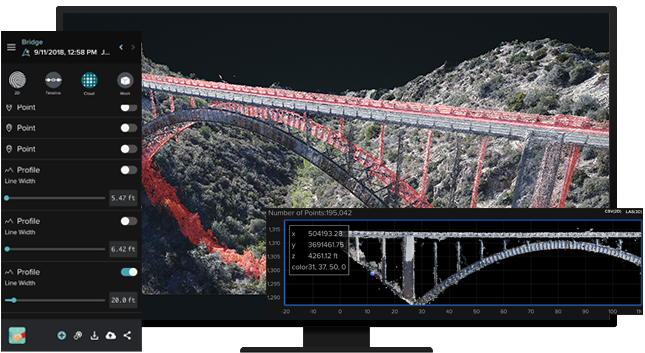 Desktop screen with a point cloud of a bridge and side bar menus of the analysis tools 