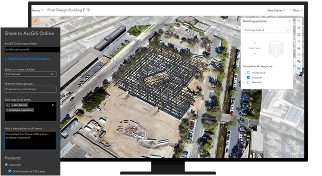 Desktop screen of a construction site image project with a BIM model and options for sharing to ArcGIS Online in a sidebar 