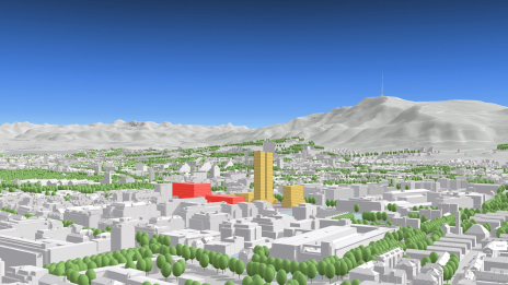 A 3D model of a city with gray buildings, a mountain, and green trees projected with a local coordinate system