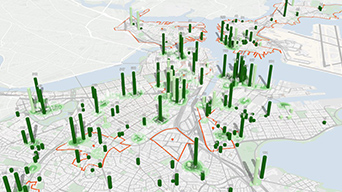 A white map of a location split up by bodies of water with green 3D bars scattered across it