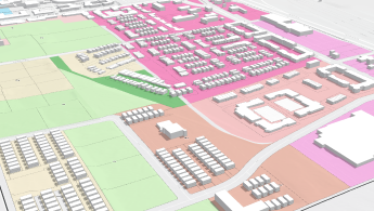 A transparent zoning map layered over a map of local imagery. 