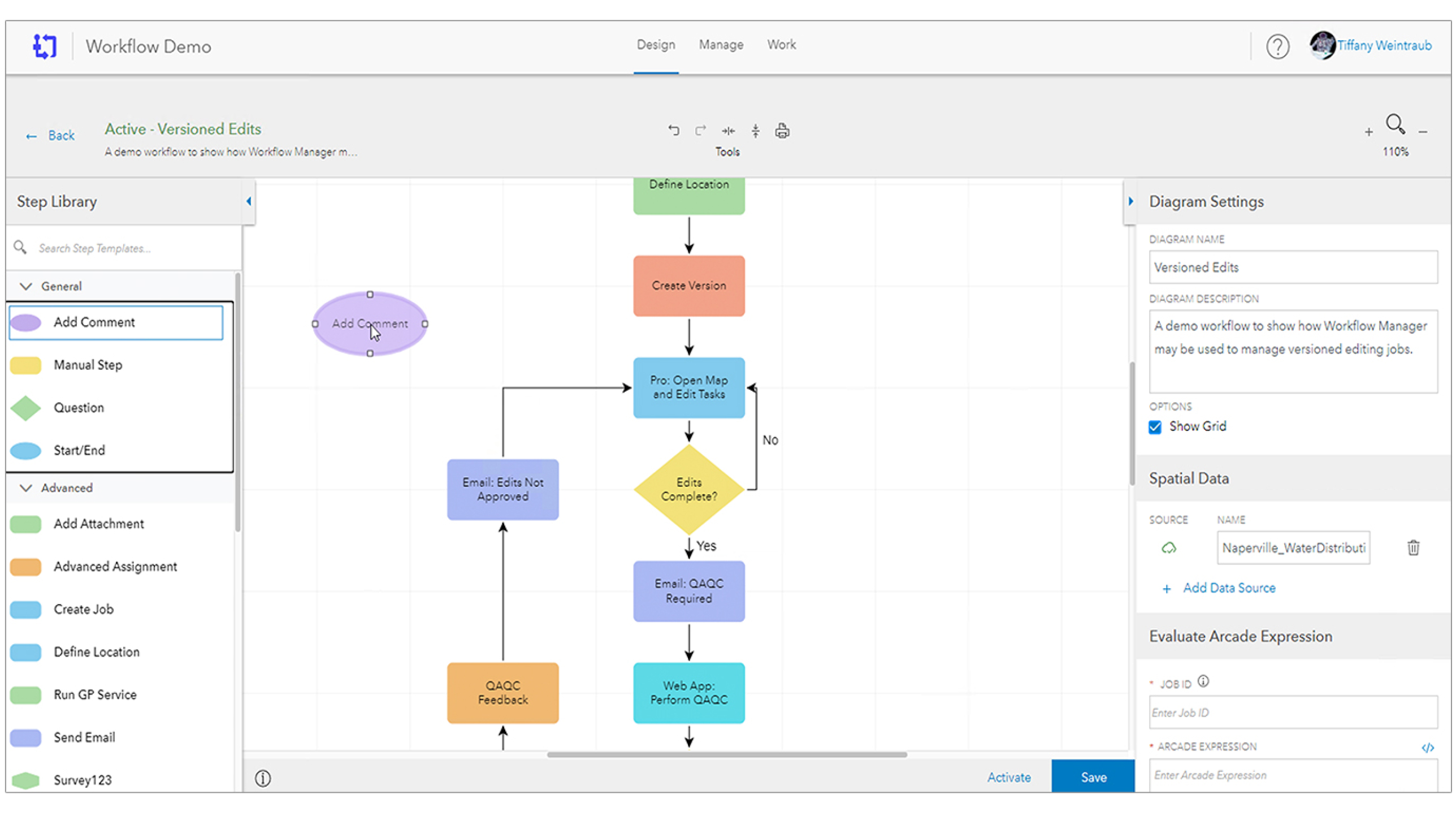 Screenshot of a flowchart design with squares and text connected by arrows showing a step being dropped into a workflow